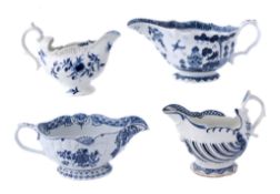 Four various Derby blue and white sauceboats, circa 1760-70  Four various Derby blue and white