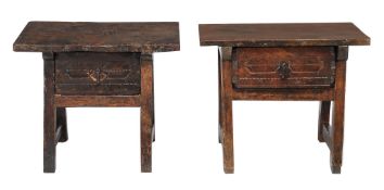 A matched pair of Spanish walnut low tables, circa 1700  A matched pair of Spanish walnut low