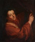 Follower Of Jean-Baptiste Santerre - A young woman looking out from behind a curtain Oil on canvas