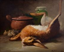 Pierre Morain (1821-?) - Still life, with hare and basket of grapes Oil on canvas Signed lower