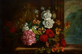Manner of Jakob Bogdani - Still life of flowers in a wicker basket, with a fluted column behind Oil