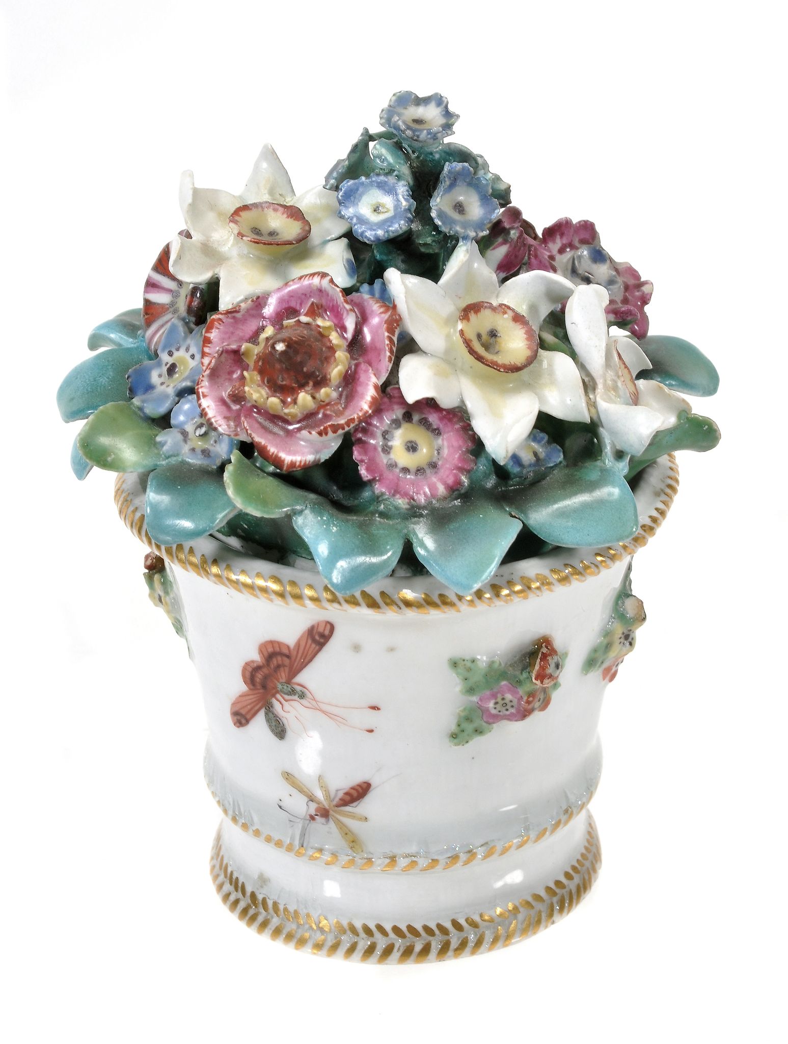 A Chelsea porcelain box and cover modelled as a flowerpot issuing flowers  A Chelsea porcelain box