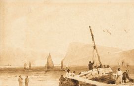 Richard Parkes Bonington (1801-1828) - Boats on a Shore Sepia wash, over pencil, on wove paper 11 x