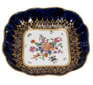 A Worcester shaped square blue-ground and gilt dish, circa 1770  A Worcester shaped square blue-