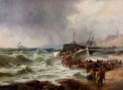 Robert Ernest Roe (fl. 1860-1900) - The lifeboat heading out in rough seas Oil on canvas Signed and