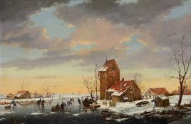 Circle of Charles Henri Joseph Leickert - A winter landscape with figures on the ice Oil on canvas