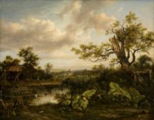Patrick Nasmyth (1787-1831) - A cottage by a pond, extensive landscape with a windmill beyond Oil