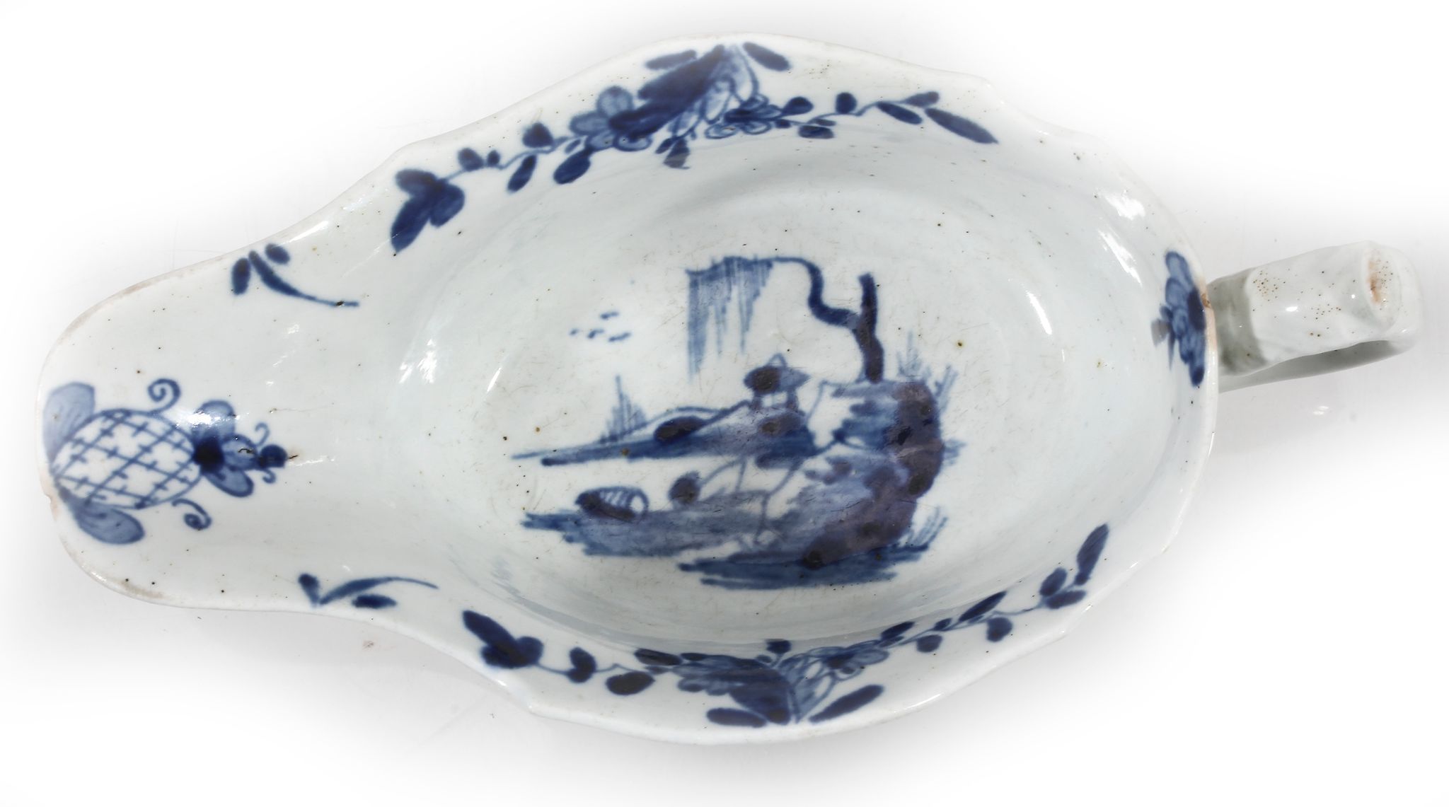 A Worcester blue and white painted sauceboat, circa 1755  A Worcester blue and white painted - Image 2 of 2