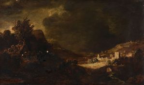 Circle of Hercules Seghers - A country landscape with figures Oil on panel Indistinctly signed