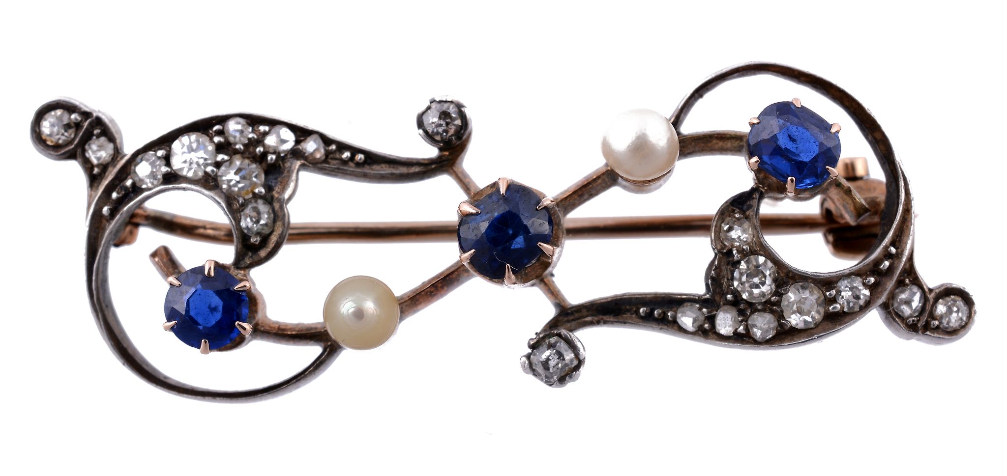 A late Victorian sapphire, diamond and pearl foliate brooch, circa 1890  A late Victorian