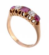 A ruby and diamond ring, the square shaped ruby claw set between two old...  A ruby and diamond