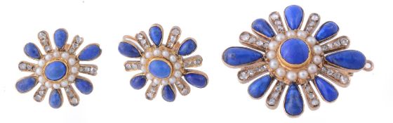 A lapis lazuli, diamond and half pearl cluster brooch and matching earrings  A lapis lazuli, diamond