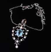 An aquamarine, pearl and diamond pendant, circa 1900  An aquamarine, pearl and diamond pendant,