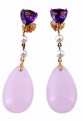 A pair of rose quartz and amethyst ear pendents  A pair of rose quartz and amethyst ear