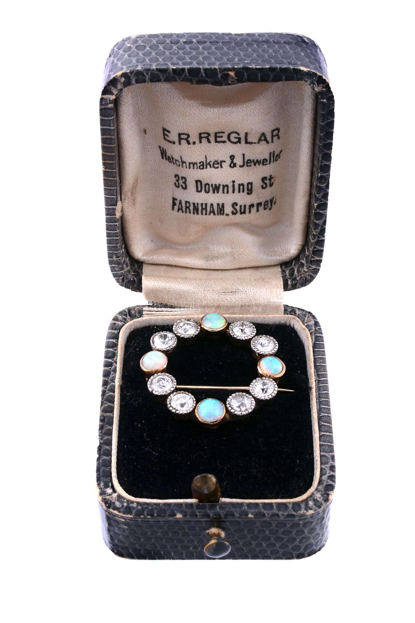 A diamond and opal hoop brooch, circa 1900  A diamond and opal hoop brooch,   circa 1900, the brooch