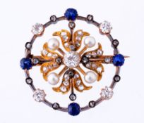 A late 19th century diamond, sapphire and pearl brooch , circa 1880  A late 19th century diamond,