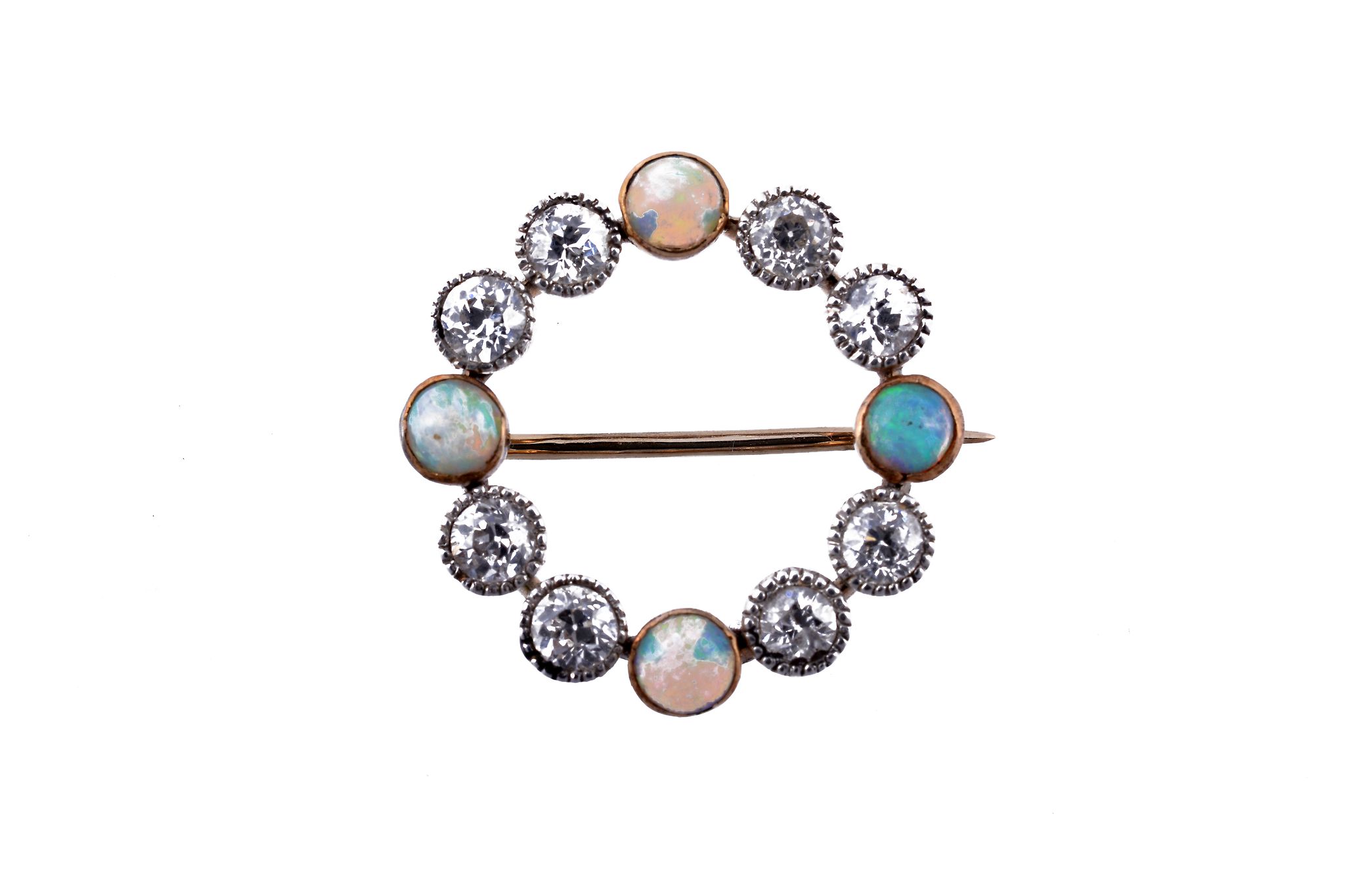 A diamond and opal hoop brooch, circa 1900  A diamond and opal hoop brooch,   circa 1900, the brooch - Image 2 of 2