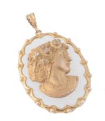 An agate and diamond cameo pendant, the oval agate set with a central 9...  An agate and diamond