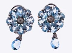 A pair of aquamarine flower head cluster earrings  A pair of aquamarine flower head cluster