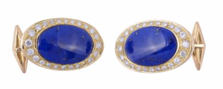 A pair of lapis lazuli and diamond cufflinks  A pair of lapis lazuli and diamond cufflinks,   the