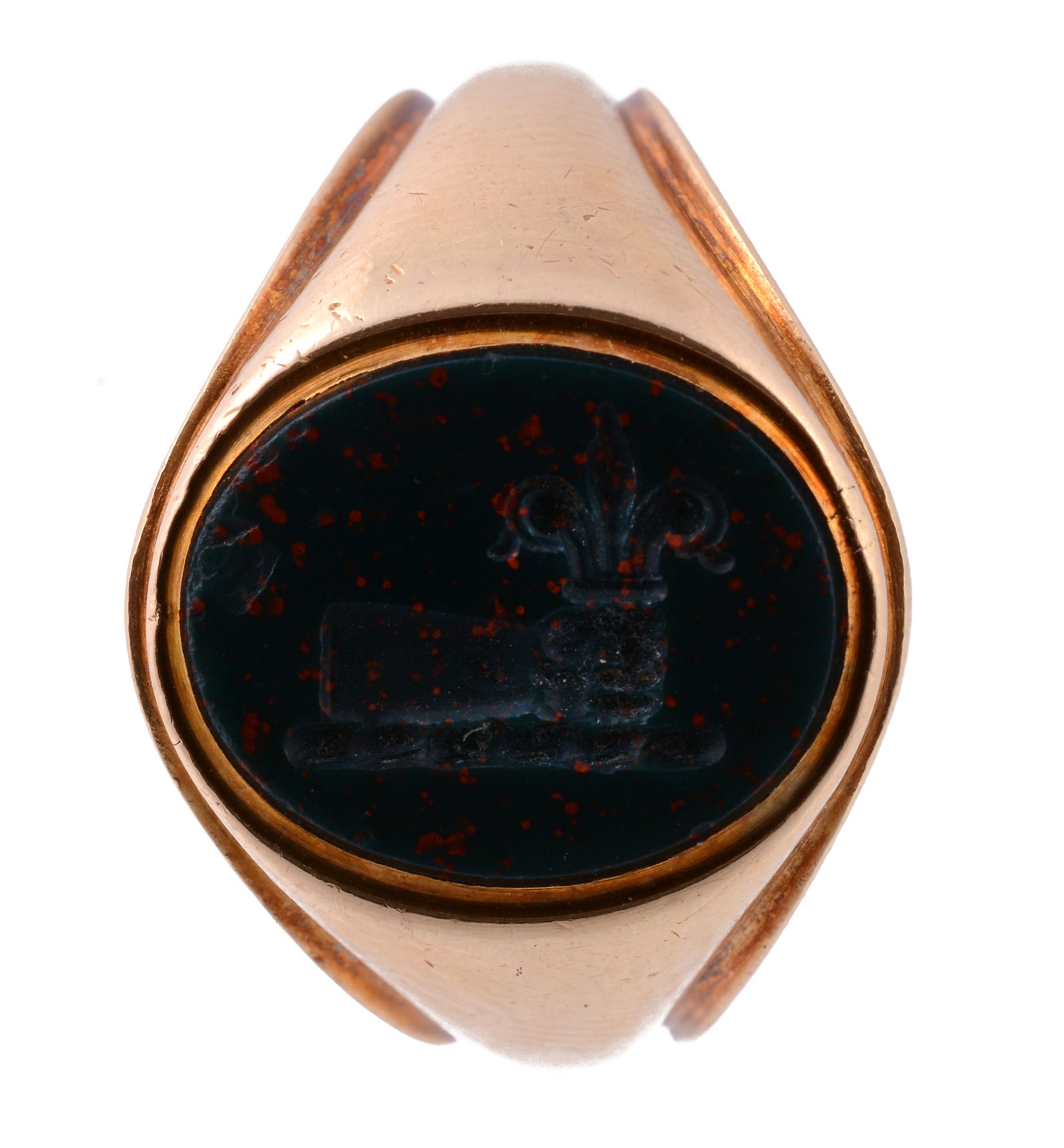 An 18 carat gold bloodstone signet ring, the oval bloodstone panel carved...  An 18 carat gold - Image 2 of 2