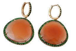 A pair of cornelian and tsavorite garnet earrings  A pair of cornelian and tsavorite garnet