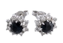 A pair of sapphire and diamond cluster ear studs  A pair of sapphire and diamond cluster ear studs,