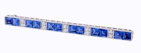 A sapphire and diamond bar brooch, set with alternating duos of square...  A sapphire and diamond