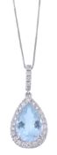 An aquamarine and diamond pendant, the pear shaped aquamarine claw set...  An aquamarine and diamond