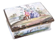 A Birmingham enamel rectangular snuff box, circa 1750-55, the cover painted with a seated girl and h