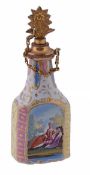 A south Staffordshire enamel Rainbow Group scent flask, circa 1765, of bottle shape, one side