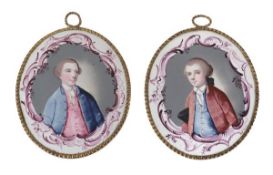 A pair of London enamel oval portrait plaques, circa 1760, each painted with a three quarter