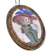 A south Staffordshire enamel oval panel, circa 1790, transfer printed and coloured with a lady in