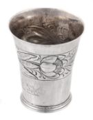A Charles II silver flared beaker, maker`s mark RN crowned, London 1679, with an embossed band of