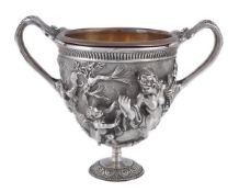 An Italian silver coloured twin handled pedestal vase by Calderoni Gioielli (Russo & C.), Milan