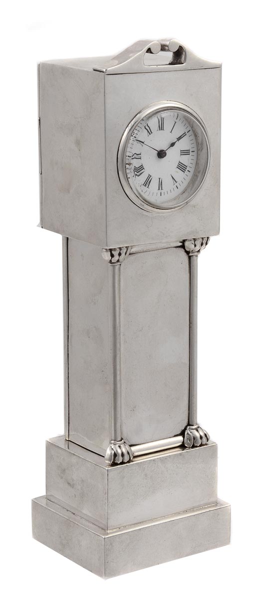 An Edwardian silver novelty miniature longcase clock, the case by Douglas Clock Co., Birmingham