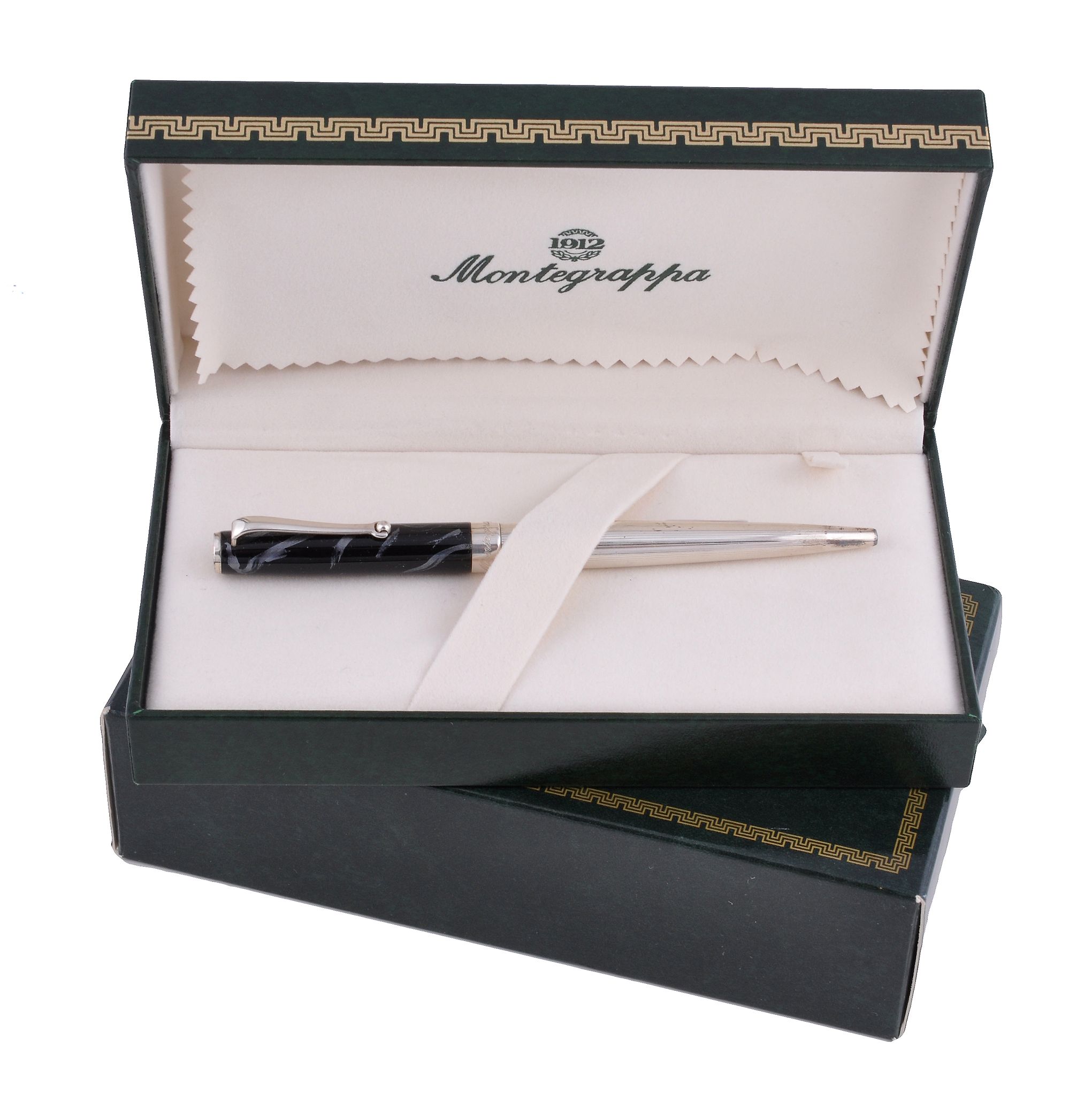 Montegrappa, a ballpoint pen, in reeded silver coloured and black marbled lacquer case, impressed - Image 2 of 2