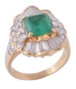 An emerald and diamond ballerina ring, the central square shaped emerald in a four claw setting,