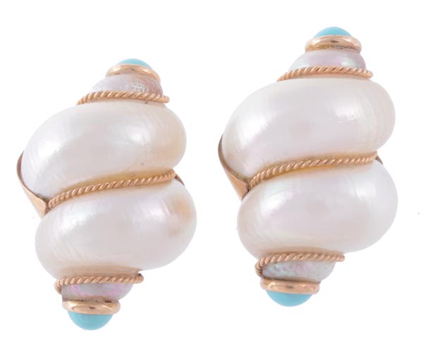 A pair of natural shell and turquoise ear clips, the coiled white shels overlaid with twisted