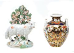 Derby Japan pattern porcelain two handled oviform vase
