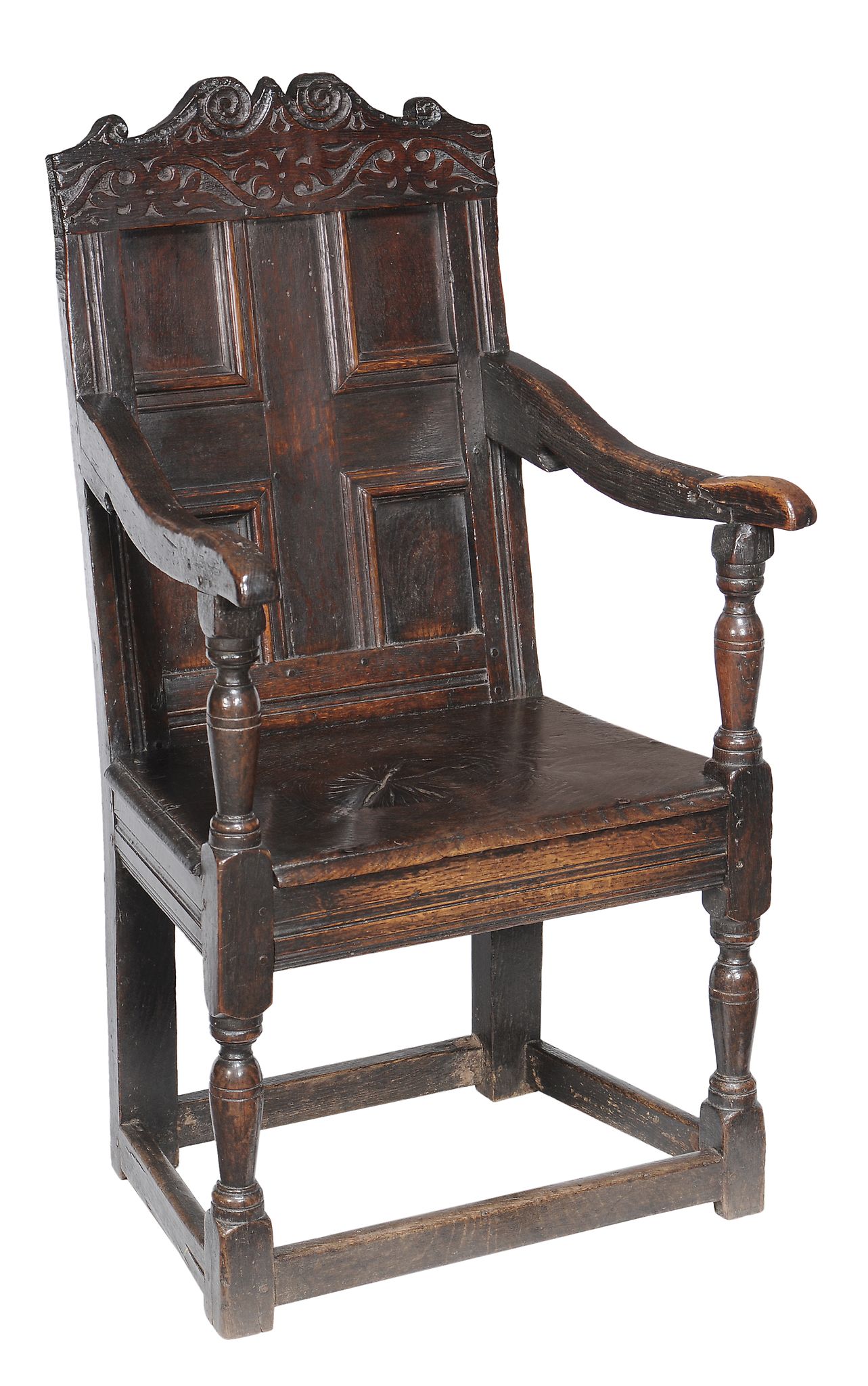 A Charles II panel back armchair, possibly Scottish