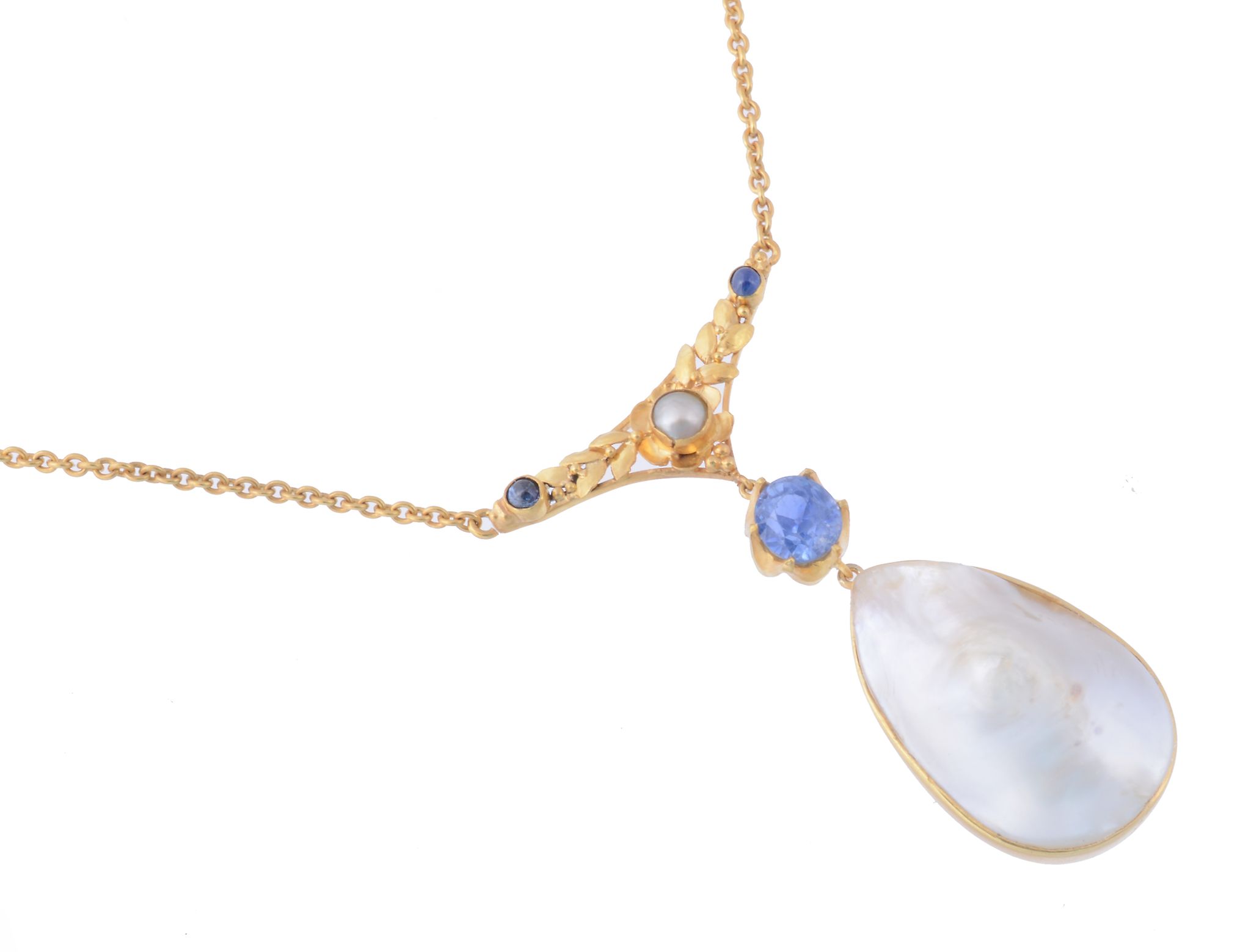 A sapphire and blister pearl necklace, the blister pearl suspended below a...  A sapphire and