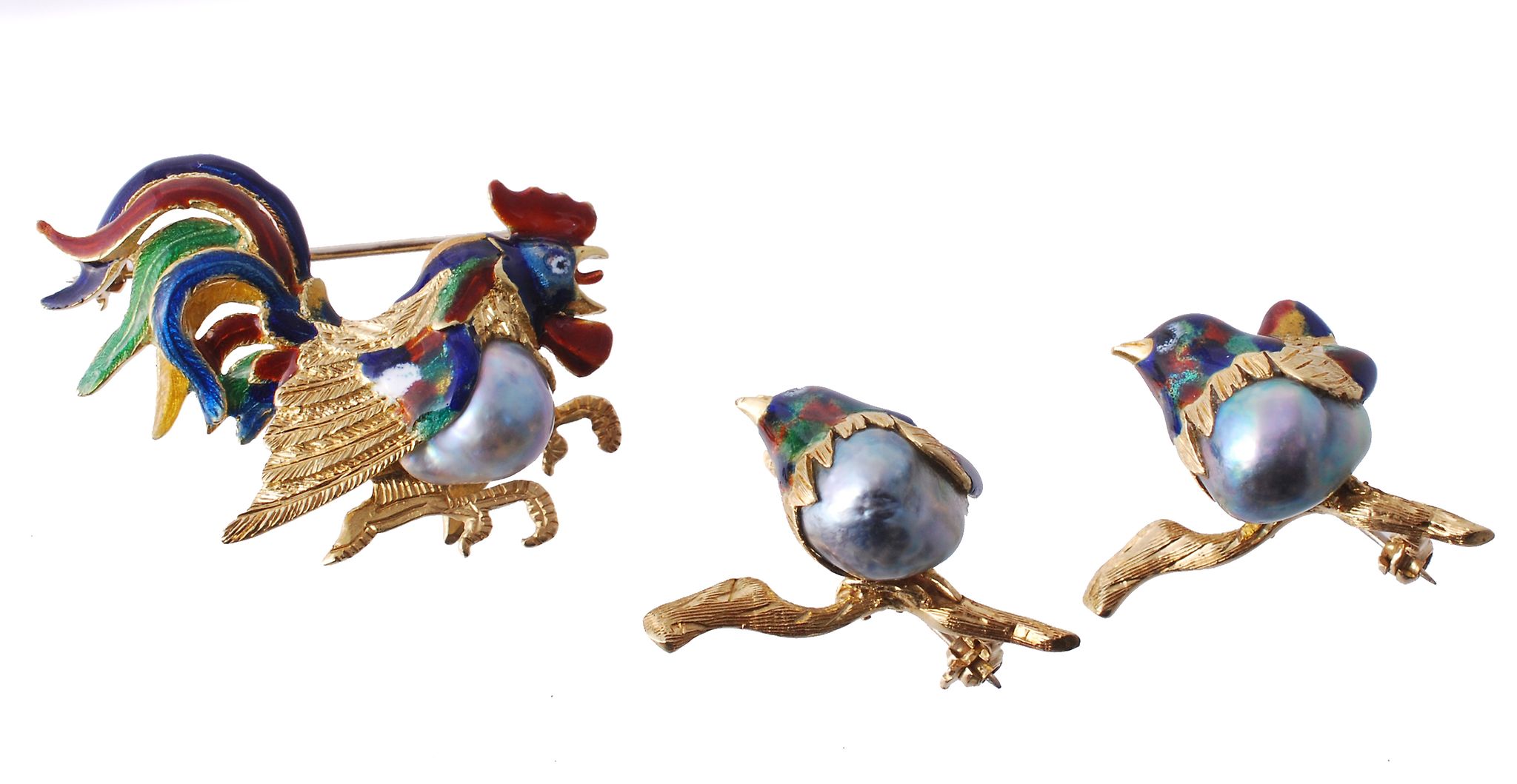 An enamel and cultured pearl cockerel brooch  An enamel and cultured pearl cockerel brooch,   the