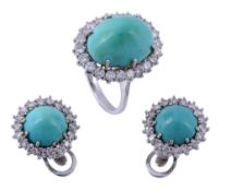 A turquoise and diamond cluster ring and ear clips  A turquoise and diamond cluster ring and ear