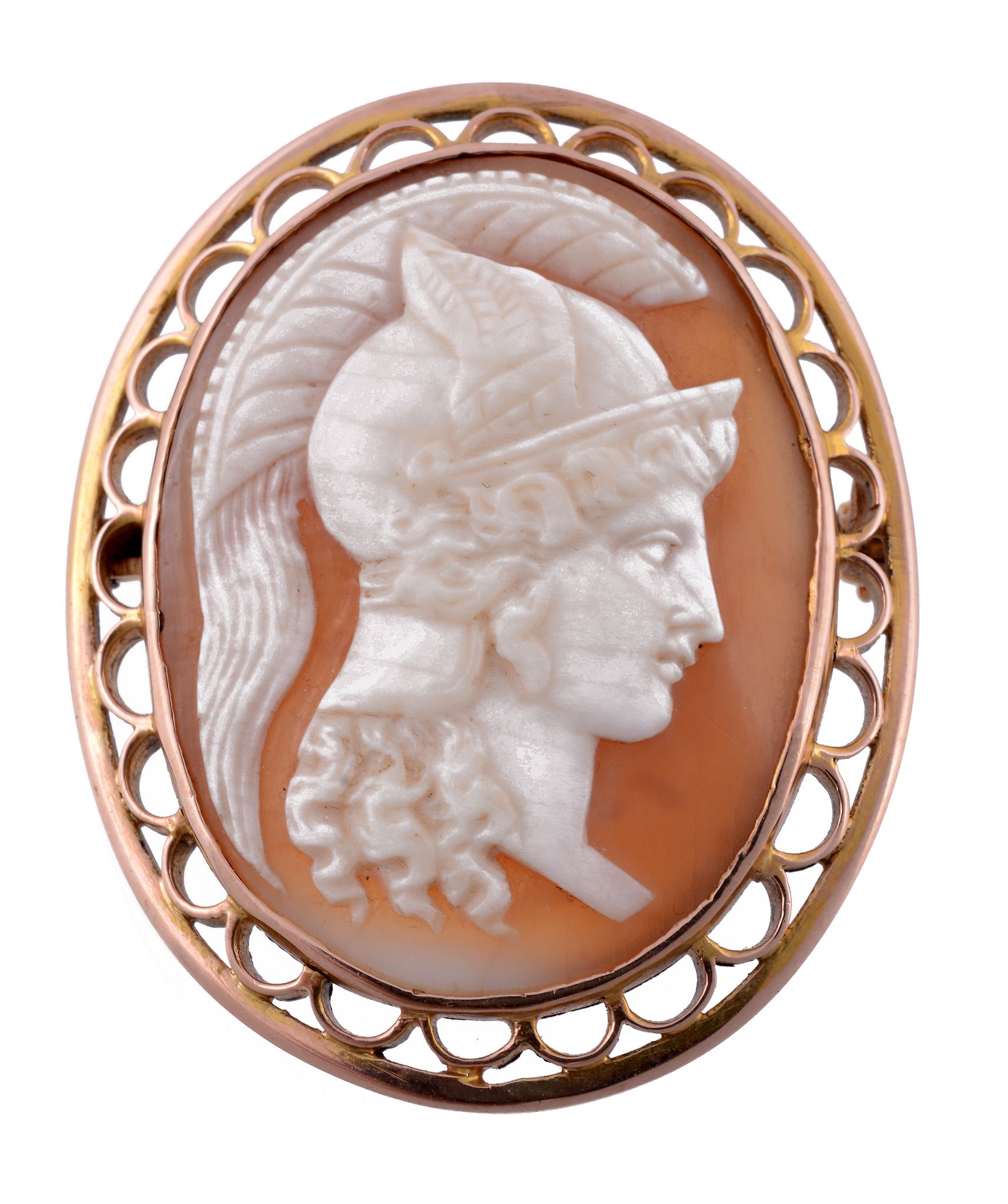 A shell cameo brooch, the oval panel carved with the profile of Mercury...  A shell cameo brooch,