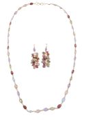 A multi gem set necklace and earrings, the necklace set with oval cut garnets  A multi gem set