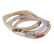 A triple hoop ruby, diamond and sapphire ring, composed of three hinged hoops  A triple hoop ruby,