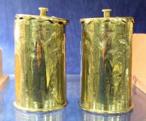 Pair WWI trench art Berndorf brass shell cases, 1916 and 1917, Egyptian decorated, 14cm high (2).