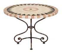 A tile topped metal table, of recent manufacture, the circular top above a tapering stem and