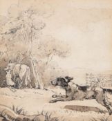Thomas Stothard (1755-1834) Farm dog chasing a wolf; Resting Lion with a lamb, Pencil with sepia